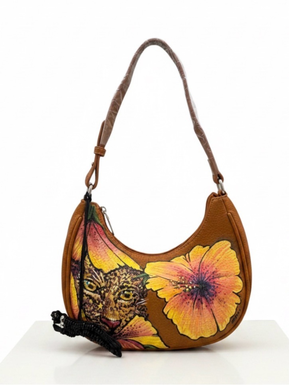 Unbranded Hand Painted Faux Leather Leopard floral Design Shoulder Bag